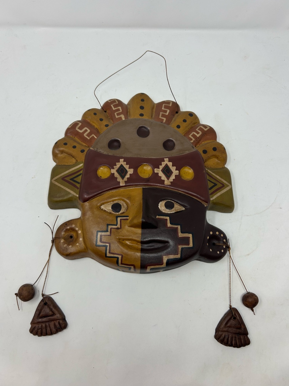 Peruvian Inca warrior ceramic mask 10 x 10.75 inches handmade South America